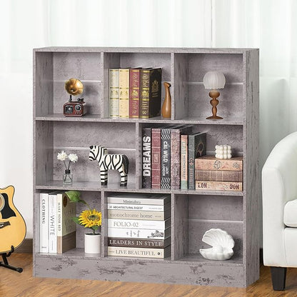 LEYAOYAO 8 Cube Bookshelf with Base,3 Tier Mid-Century Modern Grey Bookcase,Standing Wide Bookshelves Storage Organizer Shelf,Rustic Wood Display Cabinet Book Shelves for Bedroom,Living Room,Office