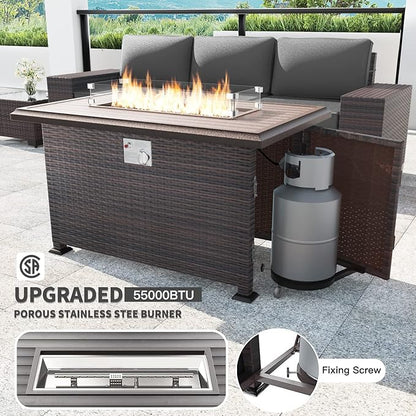 Kullavik 10PCS Outdoor Patio Furniture Set,PE Wicker Rattan Sectional Sofa Patio Conversation Sets with 43" 55000BTU Gas Propane Fire Pit Table,Swivel Rocking Chairs Set,Grey