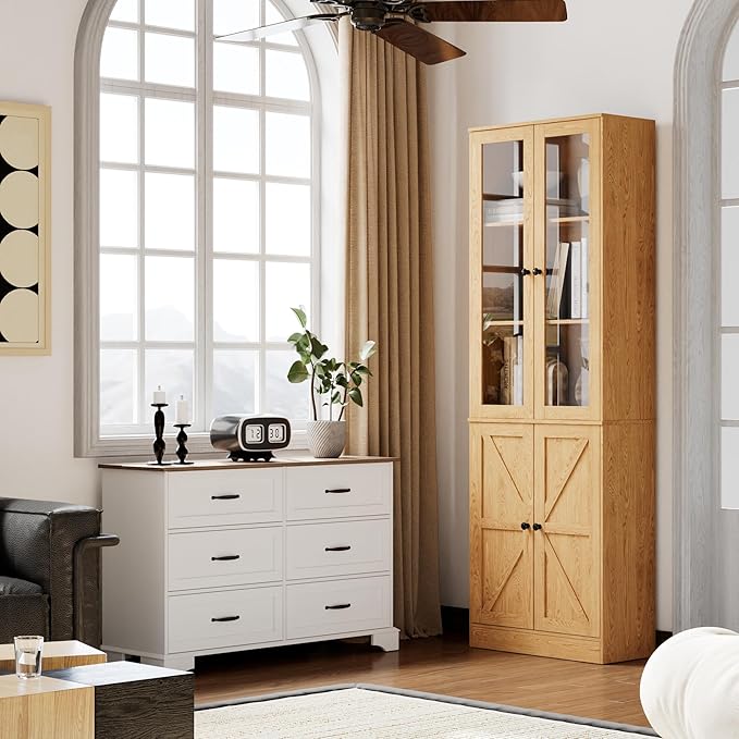 Bookcase with Doors, Tall Cabinets Storage Shelves, 5 Tier Bookshelf with Storage Cabinet, Light Wood Rustic Display Shelf Home Decor Furniture for Office, Living Room, Bedroom, Kitchen, Dining Room