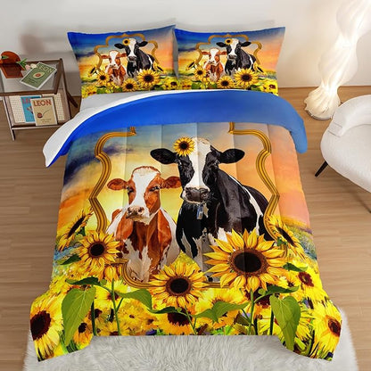 HOSIMA Animal Theme Bedding Set Bull and Cow Comforter with 2 Pillowcases,Sunflower Comforter Set for Adults Teens Kids,Brown Cowhide Black White Cow Print Western Bedding Sets Queen.