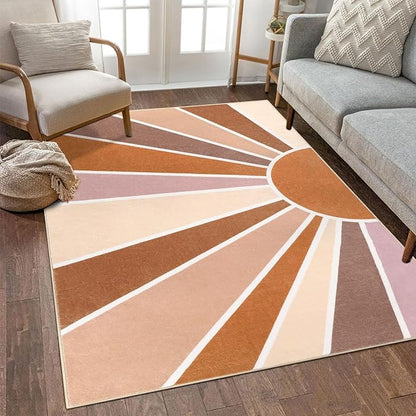 Topotdor Sun Rainbow Area Rug 3 x 5ft Boho Kids Nursery Rug, Colorful Washable Area Rug Ultra Soft Circle Classroom Rug Non-Slip for Bedroom Living Room Playroom Decor, Orange