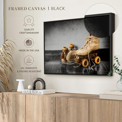 ElephantStock Vintage Skates Pop Wall Art - Horizontal Framed Canvas - 1-Piece Living Room Wall Decor - Sport Photography Canvas Print - Beige and Black Decor for Wall - 40" X 27"