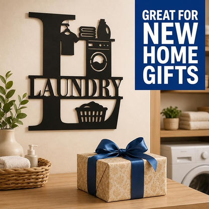 Laundry Room Metal Wall Decor, Farmhouse Laundry Sign, 14 Inch | 14-inch matte black metal laundry room sign with pre-drilled holes for farmhouse, modern, or rustic wall decor.
