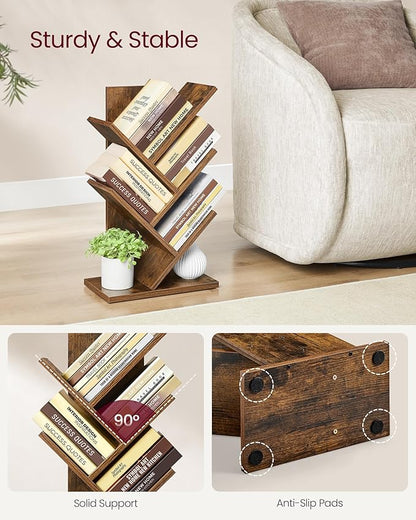 VASAGLE Tree Bookshelf, 5-Tier Bookcase, Small Bookshelf, Space-Saving Corner Shelf, Book Tree, Holds Books, CDs, Games, for Bedroom, Living Room, Home Office, Rustic Brown ULBC183X01