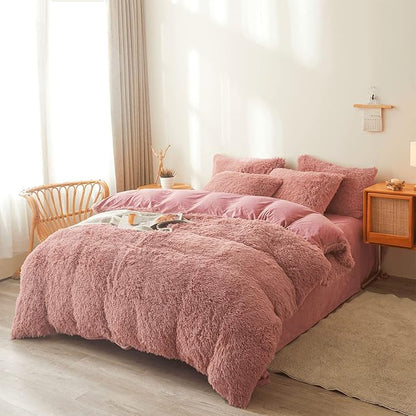 FOPPA Old Pink fluffy Comforter Cover Set king- Ultra Soft fluffy Old Pink Bedding Sets 3 Pieces (1 Duvet Cover + 2 Pillow case) Old Pink fluffy bed set (Old Pink, King)