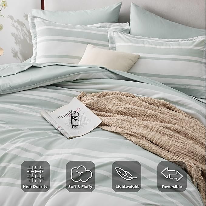 Bedsure Bed in a Bag California King Size 7 Pieces, Sage Green White Striped Bedding Comforter Sets All Season Bed Set, 2 Pillow Shams, Flat Sheet, Fitted Sheet and 2 Pillowcases