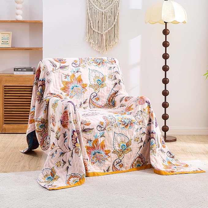 Boho Throw Blanket for Bed, 100% Cotton Soft Rustic Quilt Fall Blanket, 50"x60" Floral Printed Farmhouse Decor Bed Blankets, All Season Rustic Reversible Bohemian Throw Quilt