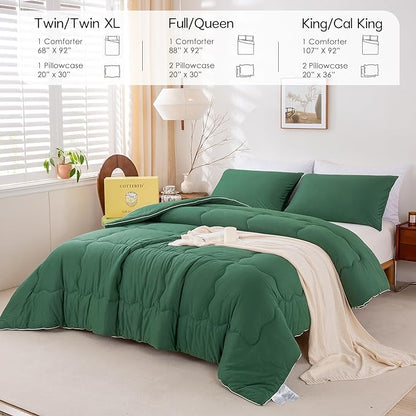 COTTEBED Forest Green Comforter Queen Size, Jersey Knit Cotton T-Shirt Feel Ultra-Soft Cute Cozy Lightweight Bedding Blanket Quilt Down Set & Pillowcase All Season Use Emerald Hunter Green,Full/Queen