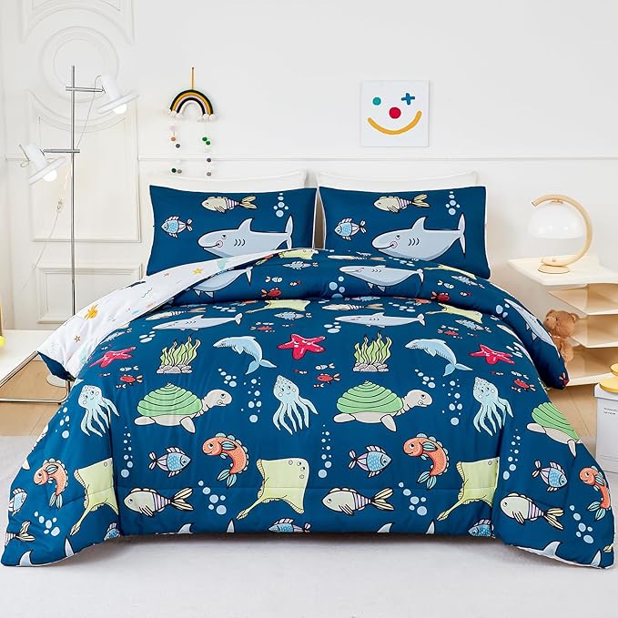 WINLIFE Shark Comforter Set Queen Size for Boys Teen Ocean Themed Fish Turtles Printed Bedding Set, Soft Microfiber Bedding All Season (3Pcs, Queen)