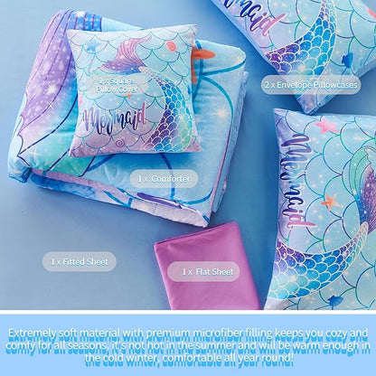 RYNGHIPY 6Pcs Mermaid Tail Comforter Set for Teens Girls Women, Mermaid Fish Scale Bed in a Bag Full Size, Sparkle Teal Purple Rainbow Bedroom Decor Bedding Set