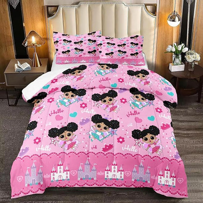 Pink Girls Comforter Sets Full, African American Black Girl Comforter Set Full Size Comforter Sets for Girls Soft Princess Bedding Decor for Girls Bedroom with 1 Comforter 2 Pillowcases