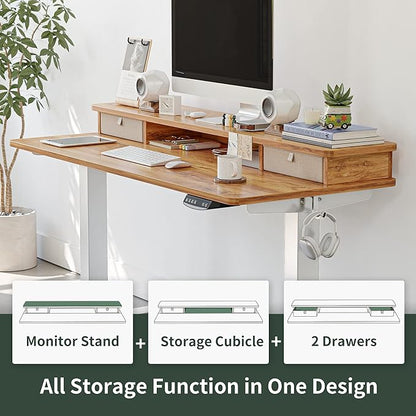 FEZIBO 40 x 24 Inch Height Adjustable Electric Standing Desk with Double Drawer, Stand Up Desk with Storage Shelf, Sit Stand Desk, Light Rustic
