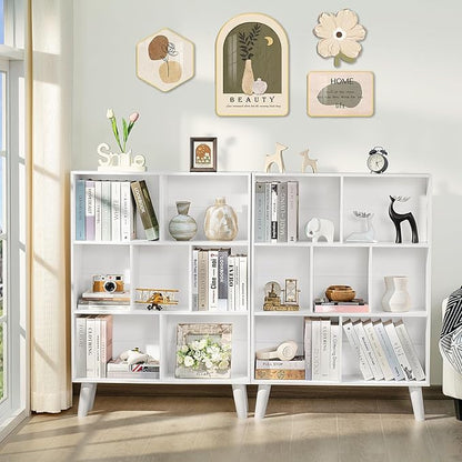 YAHARBO Pure White Bookshelf,3 Tier Book Shelf with Legs, 7 Cube Simple Bookcase,Storage Organizer Shelves Display Bookcases for Bedroom,Living Room