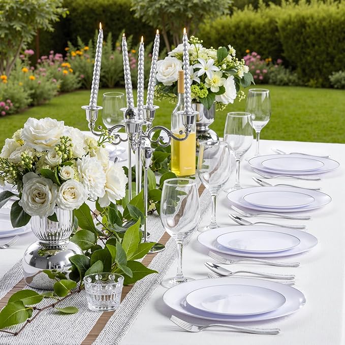 KIRE 200PCS Silver Plastic Plates - White Plastic Plates with Silver Rim Include 100 Dinner Plate and 100 for Dessert/Salad Plate for Birthday/Wedding/Party for Christmas