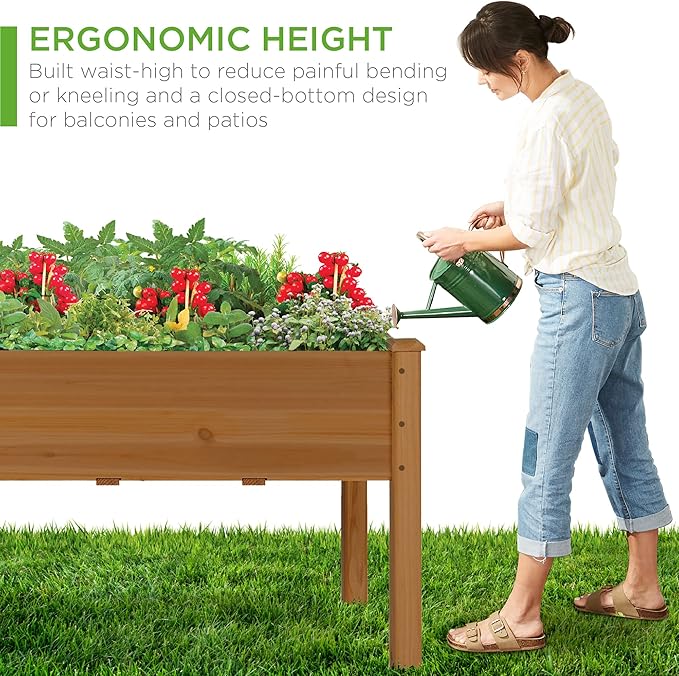 Best Choice Products 34x18x30in Raised Garden Bed, Elevated Wood Planter Box Stand for Kids, Backyard, Patio, Balcony w/Bed Liner, 150lb Capacity - Acorn Brown