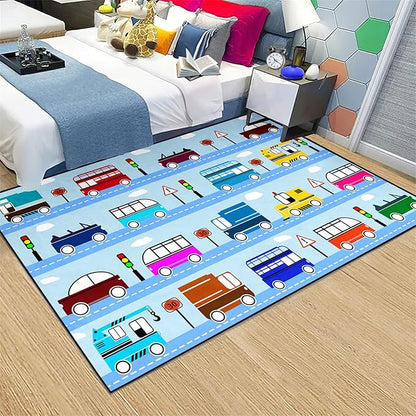 Car Rug Car Play Mat Kids Rugs for Playroom Car Rug Play Mat Rugs for Boys Bedroom Car Carpet for Kids Play Rug for Cars and Trucks Car Rug for Boys Room,Light Blue 3'×5'