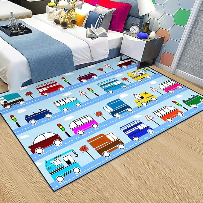 Car Rug Car Play Mat Kids Rugs for Playroom Car Rug Play Mat Rugs for Boys Bedroom Car Carpet for Kids Play Rug for Cars and Trucks Car Rug for Boys Room,Light Blue 4'×5'