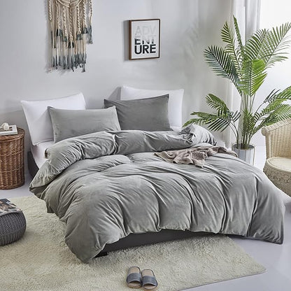 Wellboo Grey Velvet Comforter Sets Full Size Women Men Solid Gray Fluffy Bedding Comforters Modern Dark Grey Plush Aesthetic Quilts Plain Gray Shaggy Dorm Blankets Minimalist Flannel Thick Sherpa Bed