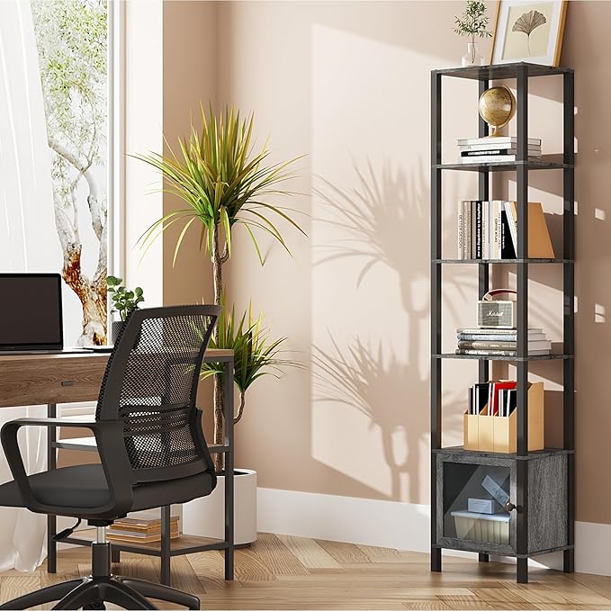 TUTOTAK 6 Tier Bookcase and Bookshelf, Narrow Book shelf with Door for Small Space, for Living Room, Office, Study, Entryway, Charcoal Grey BS03BY006
