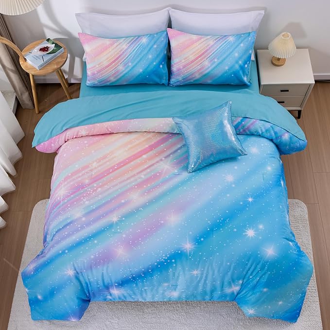 Btargot Super Soft 6 Pieces Gradient Star Ring Comforter Set, Colorful Glitter Rainbow Star Pattern Bedding Set for Boys Girls Teens, Queen Light Blue