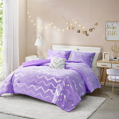 Codi Twin XL Bedding Set - Cute Purple Bed Set, Metallc Print Comforter - 3 Piece Sets for Girls, includes 1 Comforter, 1 Decorative Pillow, and 1 Pillow Case - All Season, Lightweight and Warm