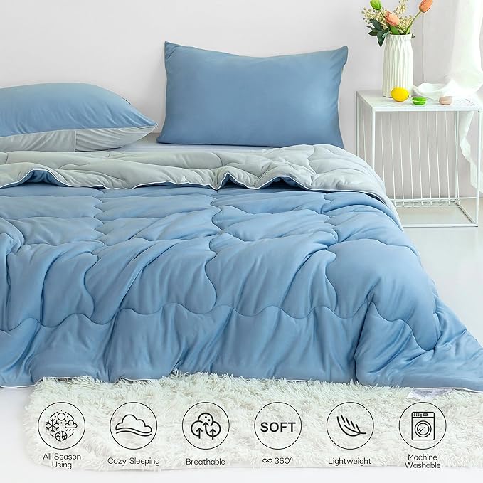 COTTEBED Blue and Grey KING Sized Bed Down Comforters Set, Jersey Knit Milk Cup Dual-Sided Reversible Softness Breathable Lightweight California King Bedding Alternative Quilt & Pillowsham All Seasons