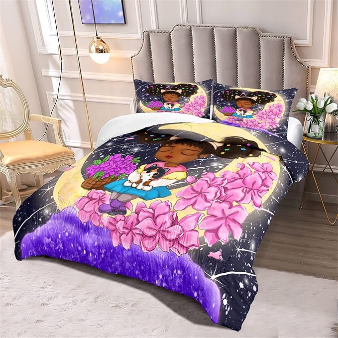 Afro African Girls Comforter Set for Girls Bedroom Teens Black Girls Bedding Sets for Girls Lovely Little African American Girls Comforter with 2 Pillowcases Cute Princess Bedding Set, Queen Size