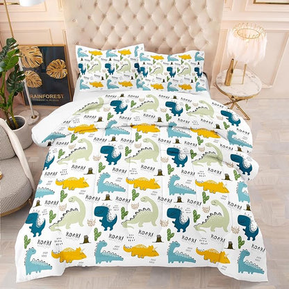 NINENINE Dinosaur Bedding Set for Kids,Queen Size Dinosaur Comforter Sets for kids boys,Blue Bedding Sets Cute Bed Set with 1 Comforter 2 Pillowcases