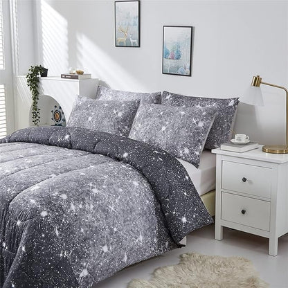Grey Glitter Comforter Set Full/Queen Size for Boys Teen, Sparkle Galaxy Twinkle Starlight Comforter for Kids Adult, 3 Piece Black Grey Ombre Bedding Set with 2 Pillow Cases(Grey,Queen)