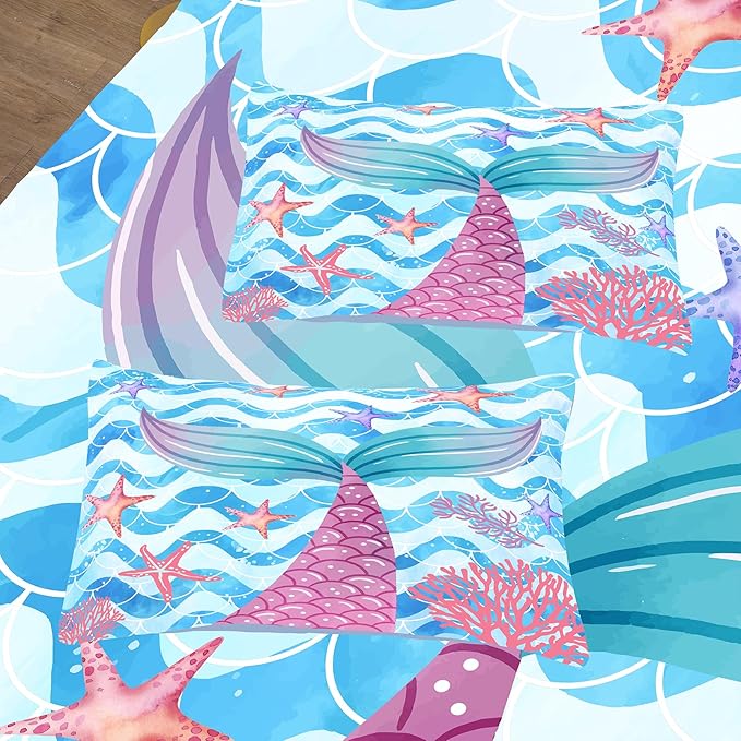 NINENINE Twin Size Mermaid Tail Bedding Girls Princess Comforter Set, Blue Glitter Bedding Sets for Girls,Sea Animal Kids Fish Scales Comforter Sets with 1 Comforter 1Pillowcase