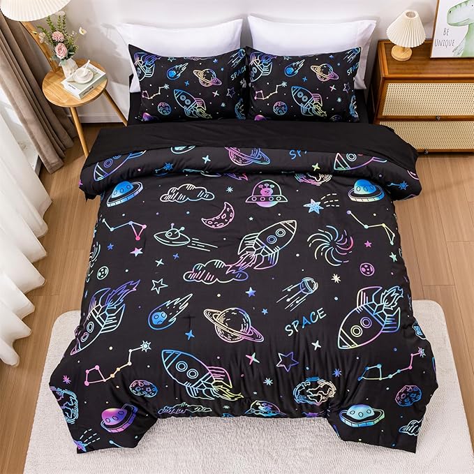 Aimuan Space Comforter Twin Set Kids Rocket Bedding Set Super Soft & Cute Aliens UFO Printed for Boys Girls Teen (Black, Full 5Pcs)