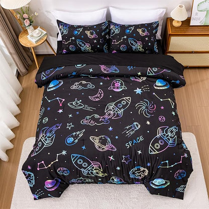 Aimuan Space Comforter Twin Set Kids Rocket Bedding Set Super Soft & Cute Aliens UFO Printed for Boys Girls Teen (Black, Full 5Pcs)
