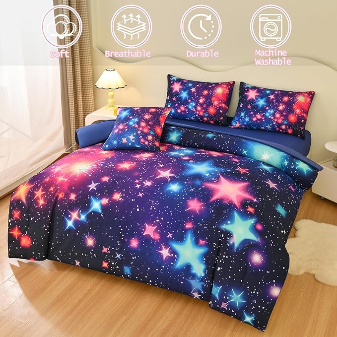 DORCAS Star Full Size Comforter Sets with Sheets for Girls Kids,6 Piece Starry Sky Bedding Set Full,All Season Down Bed in a Bag(Colorful,Full)