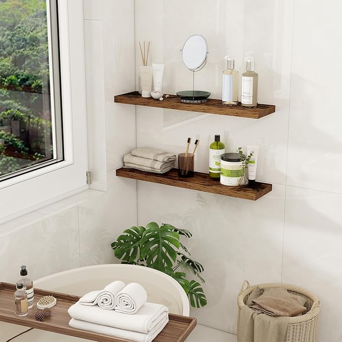 Fun Memories Floating Shelves for Wall, 27.5" Rustic Wood Deep Wall Mounted Shelves with Invisible Brackets for Decor & Storage, Floating Shelf for Living Room, Bathroom (Rustic Brown, Set of 2)