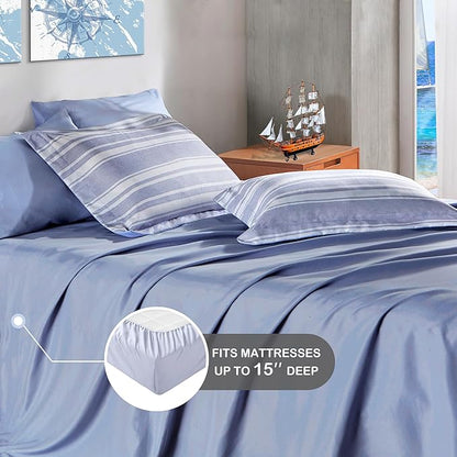 Full Size Comforter Set with Sheets, Modern Blue and White Striped Bed in a Bag, 7-Piece Complete Bedding Set Including Reversible Comforter, 2 Sheets, Pillowcases & Shams