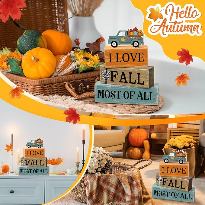4 Pcs Thanksgiving Decoration for Home Fall Truck Decor Fall Tiered Tray Decor Rustic Wooden Truck Block Sign Gift Thanksgiving Centerpiece Autumn Table Decorations for Harvest Party Kitchen Home