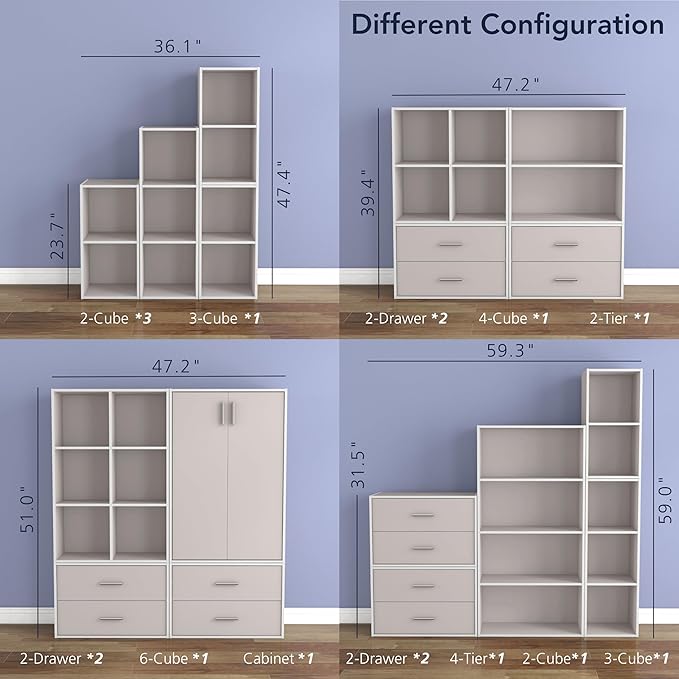 Apexa 6 Cube Storage Organizer Shelves, Stackable Wood Bookcase Fits Cubby Bins for Organization, Dorm Teen Room Decor & Home Office, Greige