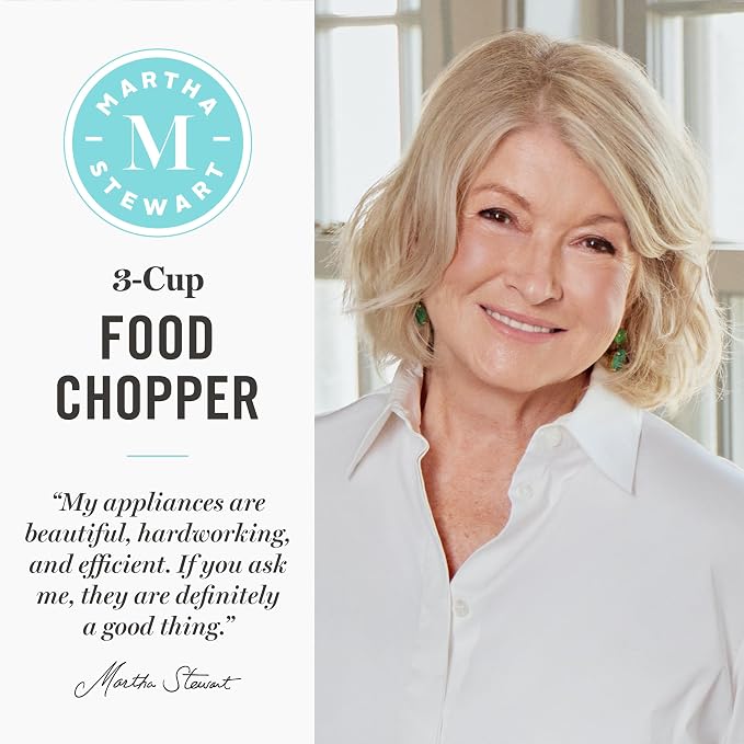 Martha Stewart 3 Cup Electric Vegetable Chopper, Mini Food Processor, Navy | 24oz BPA-Free Bowl, Stainless Steel Blades, Pour Spout, Dice, Puree, Mince, Chop Vegetables & Herbs, Dishwasher-Safe Parts