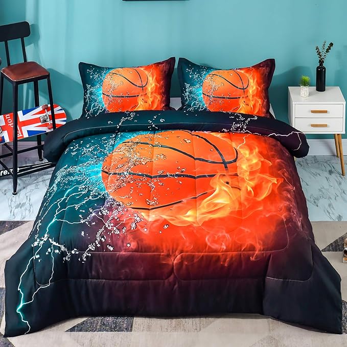 Andency Basketball Comforter Full (79x90 Inch), 3 Pieces(1 Basketball Comforter, 2 Pillowcases) Sport Microfiber Basketball Comforter Set Bedding Set for Kids Boys Girls Teens
