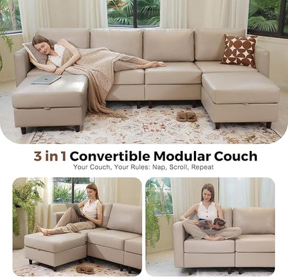 118.5" Faux Leather Modular Sectional Sofa, U Shaped Couch Set for Living Room, Large 8-Seater Comfy Cloud Couches with Storage Seat DIY Combination - Whitesand