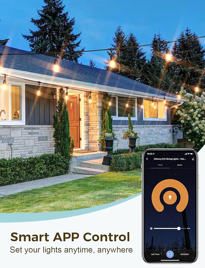 XMCOSY+ Outdoor String Lights, 98Ft Smart LED Patio Lights, WiFi Control, Compatible with Alexa, Waterproof Dimmable Edison String Lights for Outside, Porch