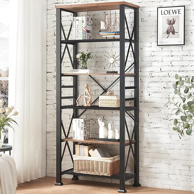 HOMBAZAAR Bookshelf, 6-Tier Industrial Bookshelf, Etagere Bookcases and Bookshelves, Tall Bookshelf Storage Organizer, Freestanding Bookshelf for Living Room, Bedroom and Home Office, Brown