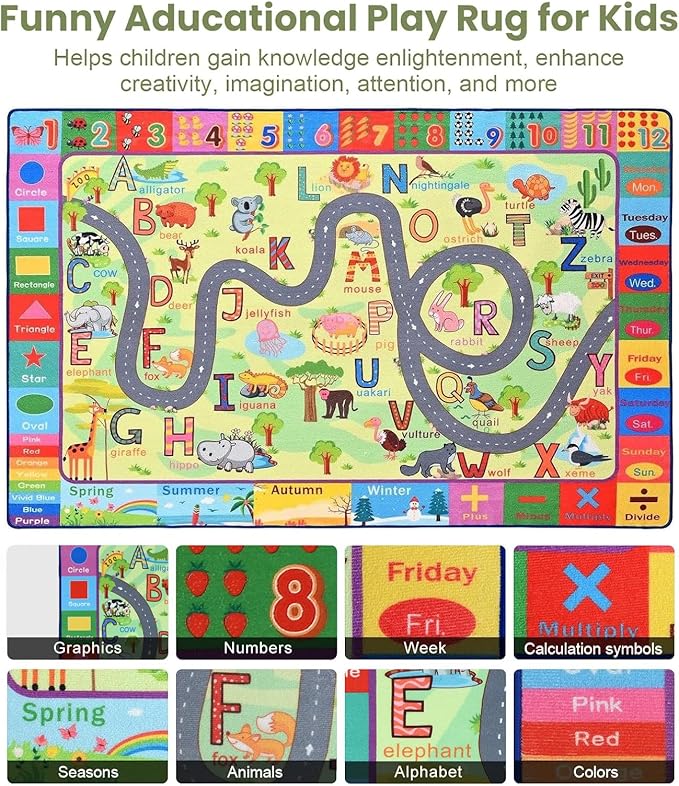 Terrug Kids Rugs for Playroom, Educational Classroom Rug for Kids Room, Washable Nursery Rug Carpet Non Slip Playroom Rug Play Mat for Learning ABC Rug, Numbers, Animal, Colors, Season, 3X5 Feet