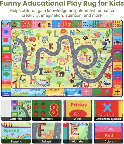 Terrug Kids Rugs for Playroom, Educational Classroom Rug for Kids Room, Washable Nursery Rug Carpet Non Slip Playroom Rug Play Mat for Learning ABC Rug, Numbers, Animal, Colors, Season, 3X5 Feet