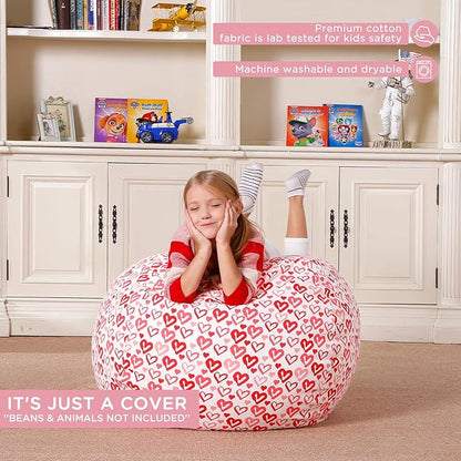 Aubliss Stuffed Animal Bean Bag Storage Chair, Beanbag Covers Only for Organizing Plush Toys, Turns into Bean Bag Seat for Kids When Filled, Large 38"-Canvas Pattern Heart