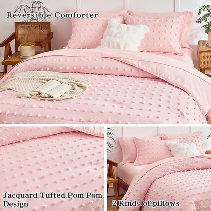 7 Pieces Tufted Dots Bed in a Bag King Comforter Set with Sheets Pink , Soft and Embroidery Shabby Chic Boho Comforters, Solid Color with Pom Pom Design, Jacquard Tufts Bedding Set for All Season