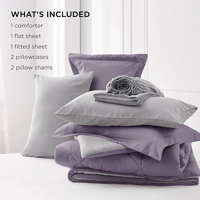 Bedsure Grayish Purple Queen Comforter Set - 7 Pieces Reversible Queen Bed in a Bag, Queen Bed Set Grayish Purple and Grey with Comforters, Sheets, Pillowcases & Shams