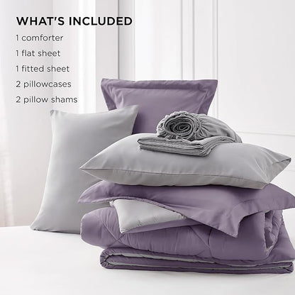 Bedsure Grayish Purple Queen Comforter Set - 7 Pieces Reversible Queen Bed in a Bag, Queen Bed Set Grayish Purple and Grey with Comforters, Sheets, Pillowcases & Shams