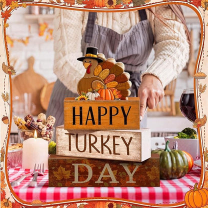 Moucuny 4 Pcs Fall Table Decorations for Home Thanksgiving Turkey Wooden Stacked Sign Decor Thanksgiving Tiered Tray Decor Rustic Happy Turkey Day Block Sign for Autumn Harvest Party Kitchen Shelf