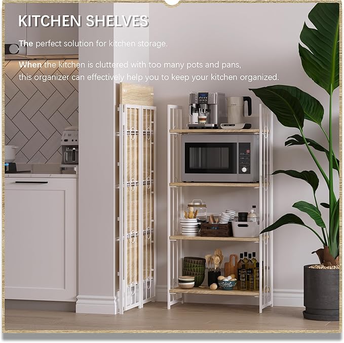 4NM No-Assembly 4 Tiers Folding Bookshelf Storage Shelves Vintage Bookcase Standing Racks Study Organizer Home Office - Natural and White